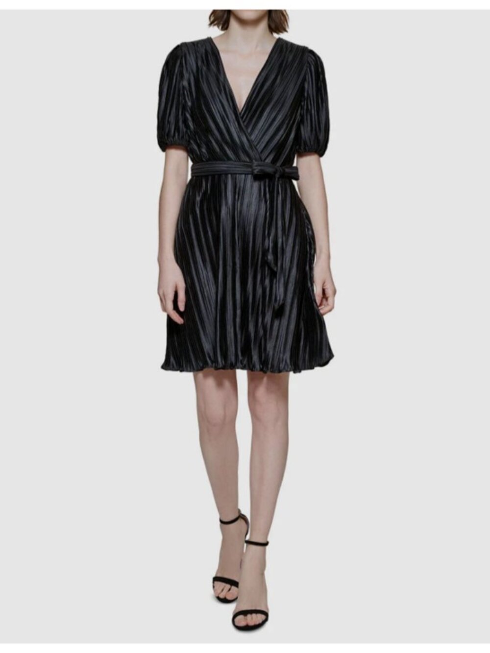 DKNY Black Pleated Wrap Dress | Size 12 | Belted Midi | Elegant Cocktail